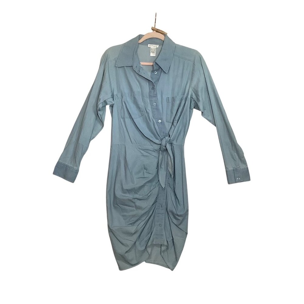 Venus Chambray Button-Up Shirt Dress Women Size 6 Waist Tie 100% Cotton‎ NWOT